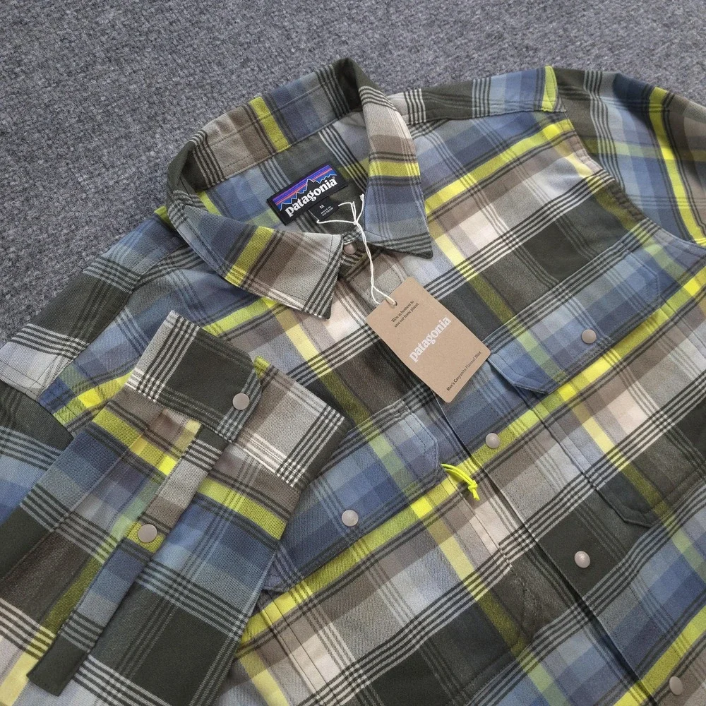 Patagonia Shirt Mens M Green Plaid Canyonite Flannel Stretch Snap Hiking Outdoor